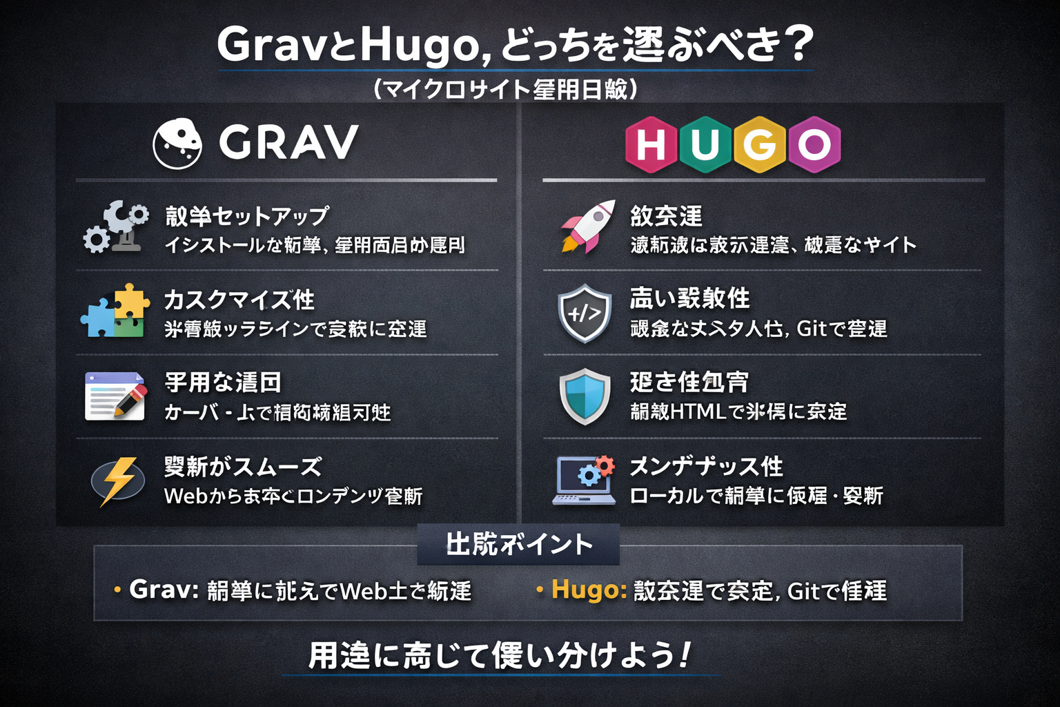 GravとHugo、どっちを選ぶべき？（あなたのマイクロサイト運用目線）